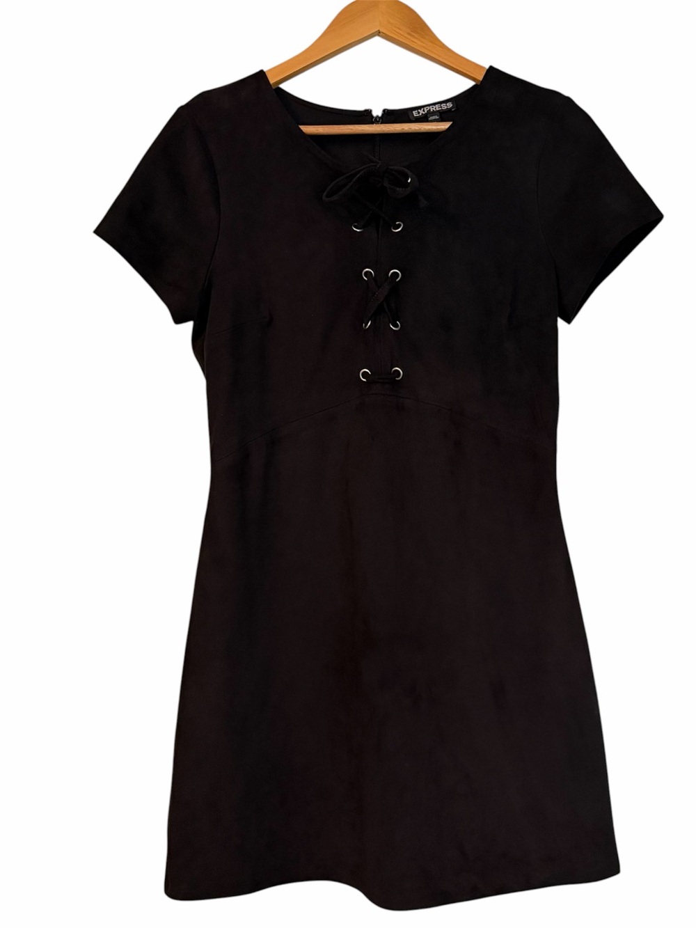 Express Black Faux Suede Short Sleeve Lace Up Grommet Shift Mini Dress Size 10
